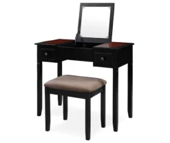 Shirley Black Cherry Mirror Vanity Set With Stool -Storage supplies store 810389408 2