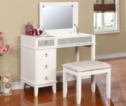 Piper White Mirror Vanity Set With Stool 8 Piper White Mirror Vanity Set With Stool -Storage supplies store 810389501 3