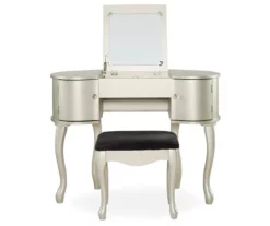 Kelly Silver Rounded Mirror Vanity Set With Stool -Storage supplies store 810389505 3