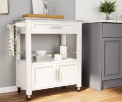 White Double Door Kitchen Cart With Granite Top -Storage supplies store 810389516 2