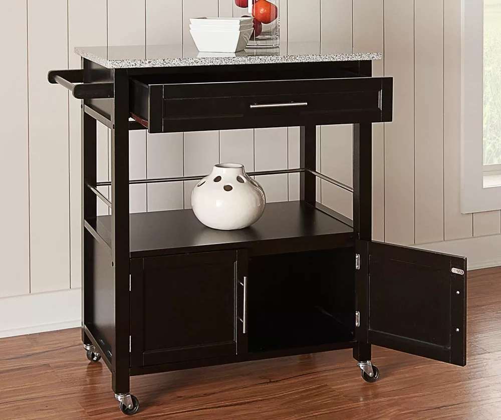 Black Double Door Kitchen Cart With Granite Top 4 Black Double Door Kitchen Cart With Granite Top - Image 2
