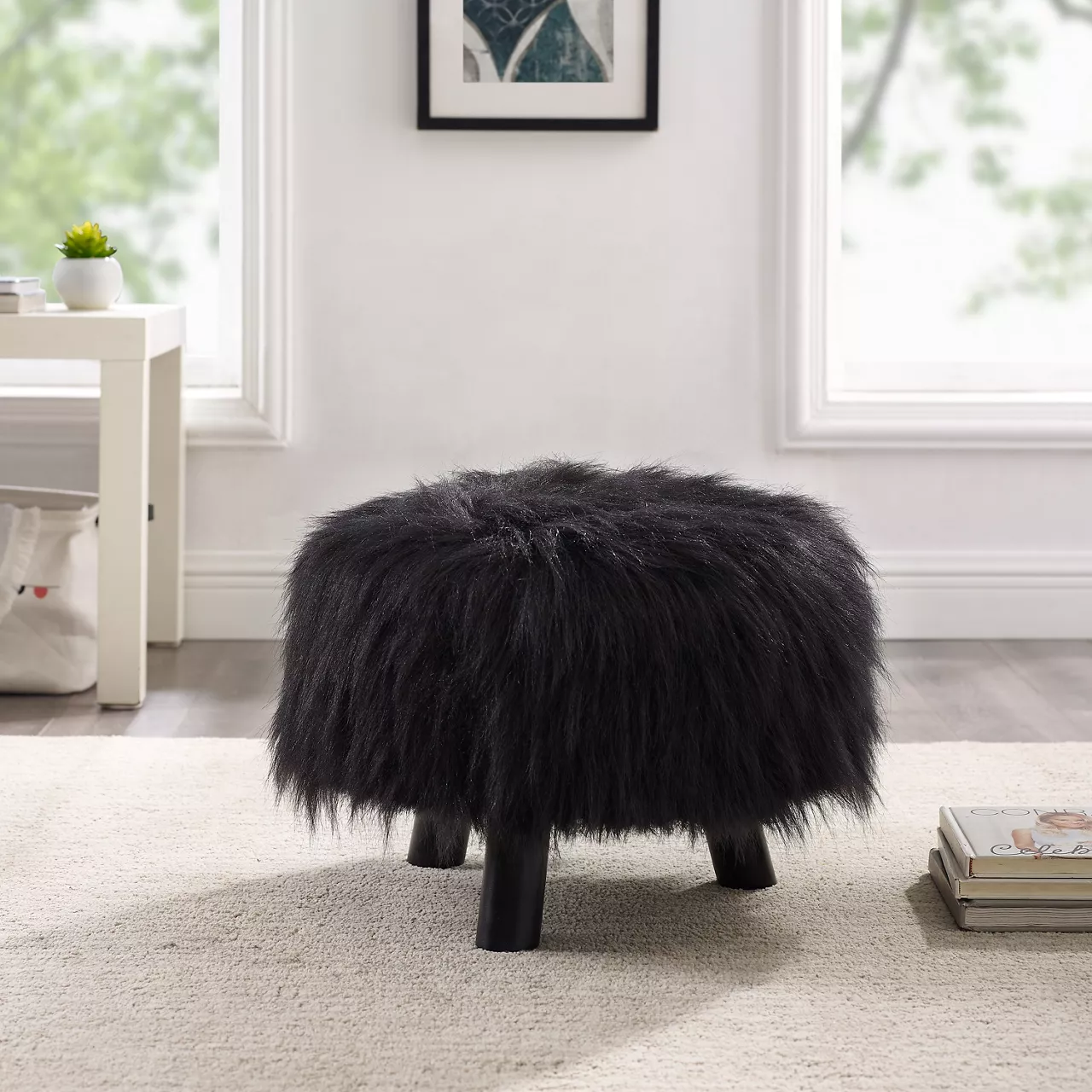 Bailey Black Faux Fur Ottoman Stool 4 Bailey Black Faux Fur Ottoman Stool - Image 2