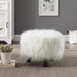 Bailey White Faux Fur Ottoman Stool -Storage supplies store 810389629 2