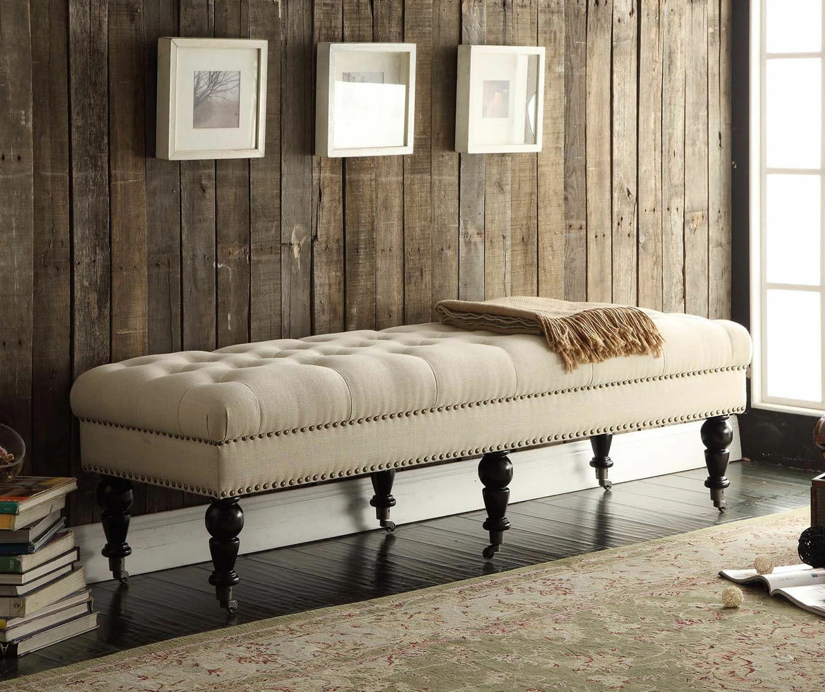 Natural Beige Padded French Country Bench 4 Natural Beige Padded French Country Bench - Image 2