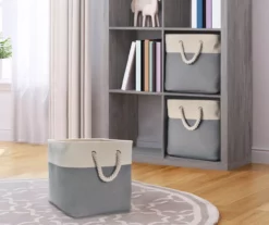 Gray & Cream Fabric Storage Bin With Rope Handles -Storage supplies store 810448615 11