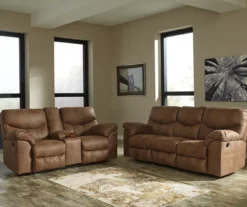 Boxberg Bark Faux Leather Reclining Console Loveseat -Storage supplies store 810519664 810519667 2