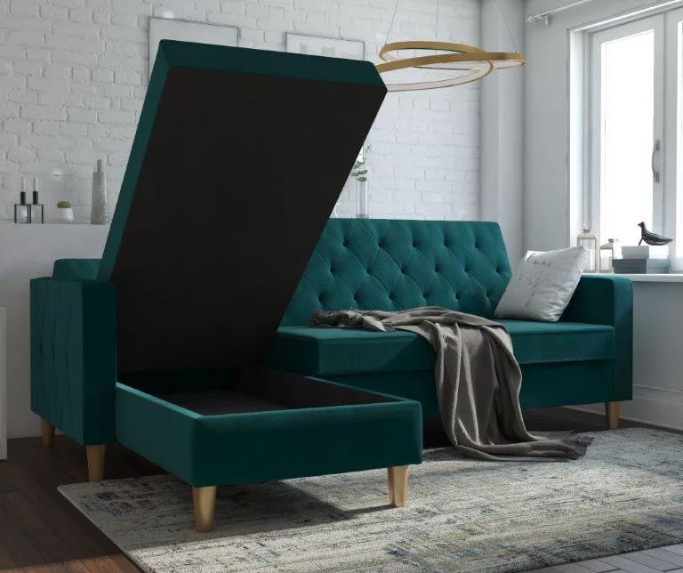 CosmoLiving Liberty Green Velvet Sectional Storage Futon 5 CosmoLiving Liberty Green Velvet Sectional Storage Futon - Image 3