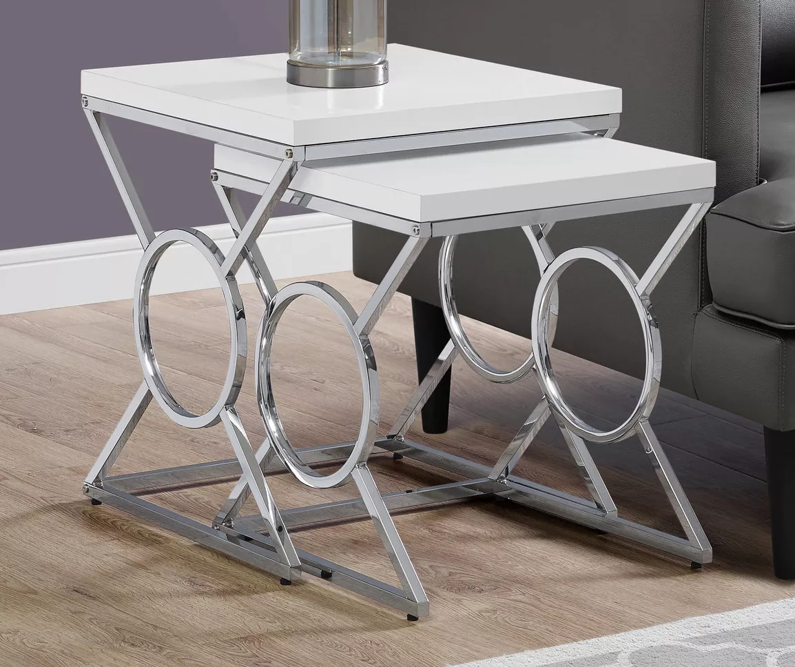 Glossy White Chrome Metal 2-Piece Nesting Table Set 4 Glossy White Chrome Metal 2-Piece Nesting Table Set - Image 2