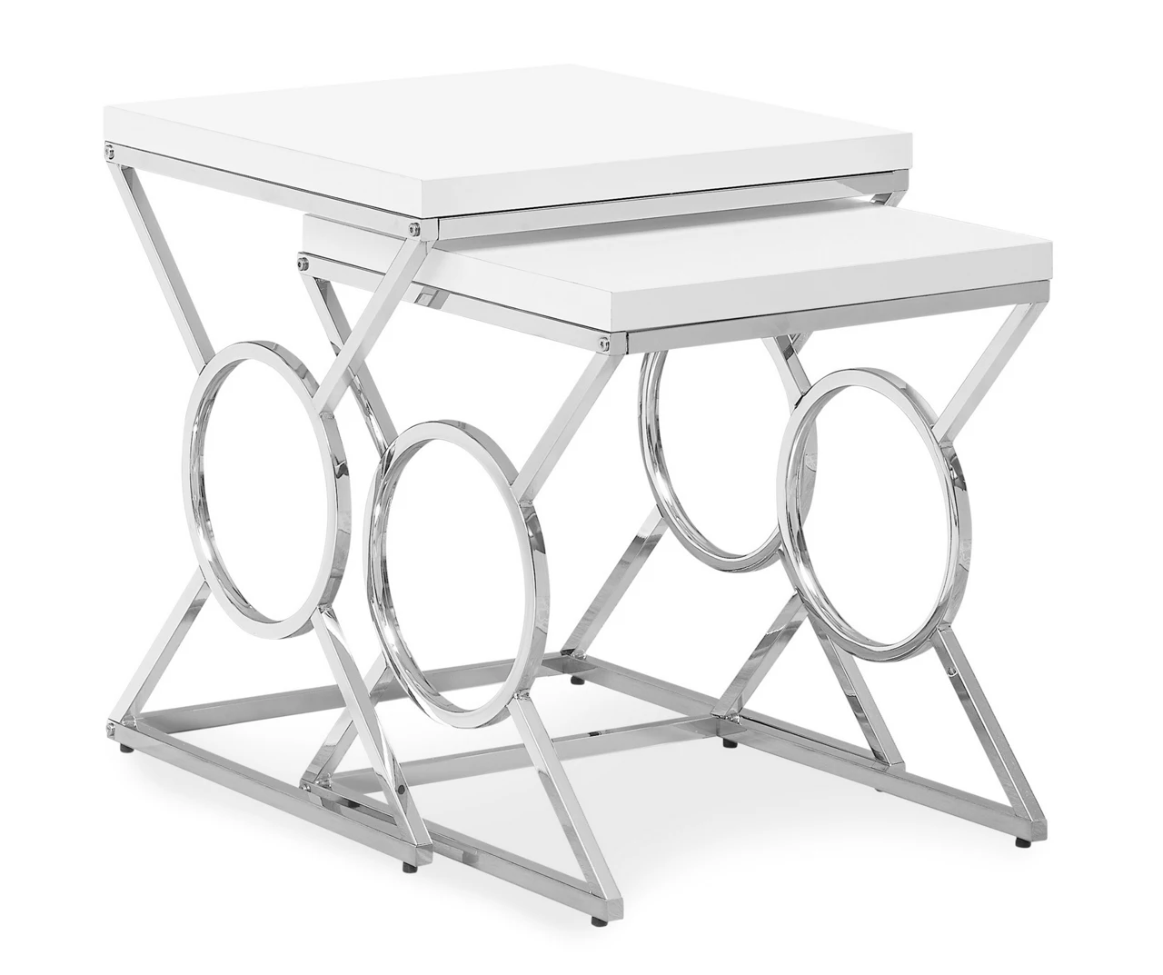 Glossy White Chrome Metal 2-Piece Nesting Table Set 3 Glossy White Chrome Metal 2-Piece Nesting Table Set