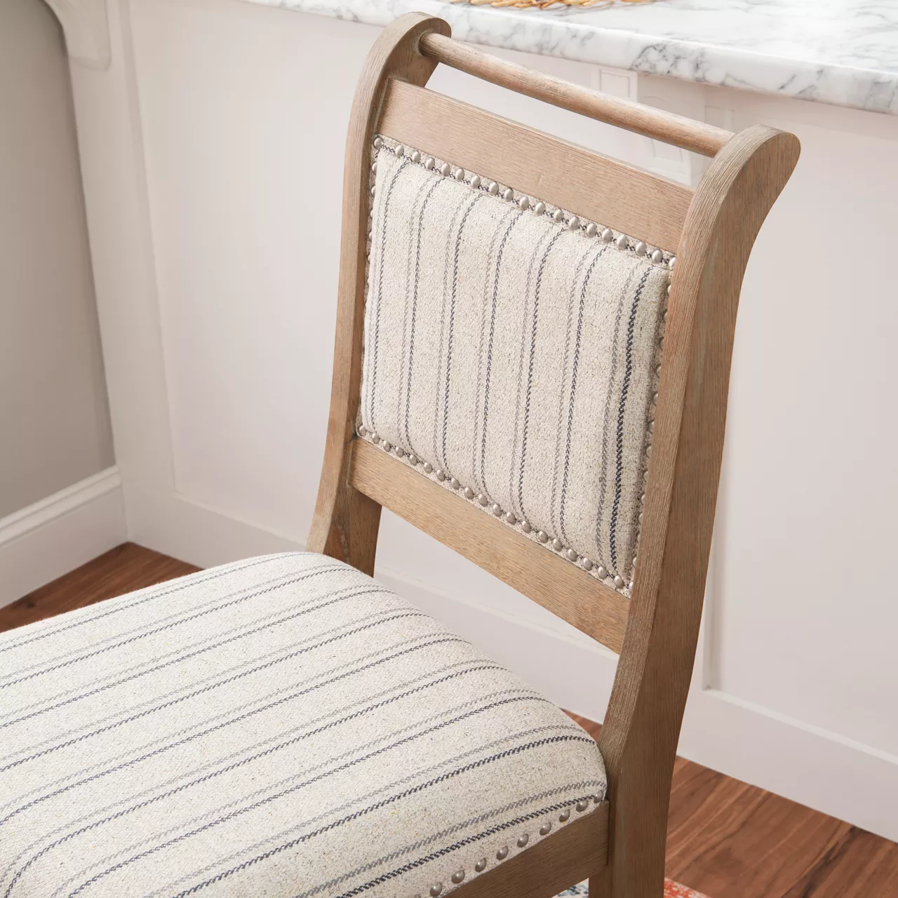 Russell Gray & Brown Upholstered Wood Curved Back Bar Stool 5 Russell Gray & Brown Upholstered Wood Curved Back Bar Stool - Image 3