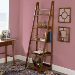 Presley Walnut 5-Shelf Ladder Bookcase -Storage supplies store 810543154 1