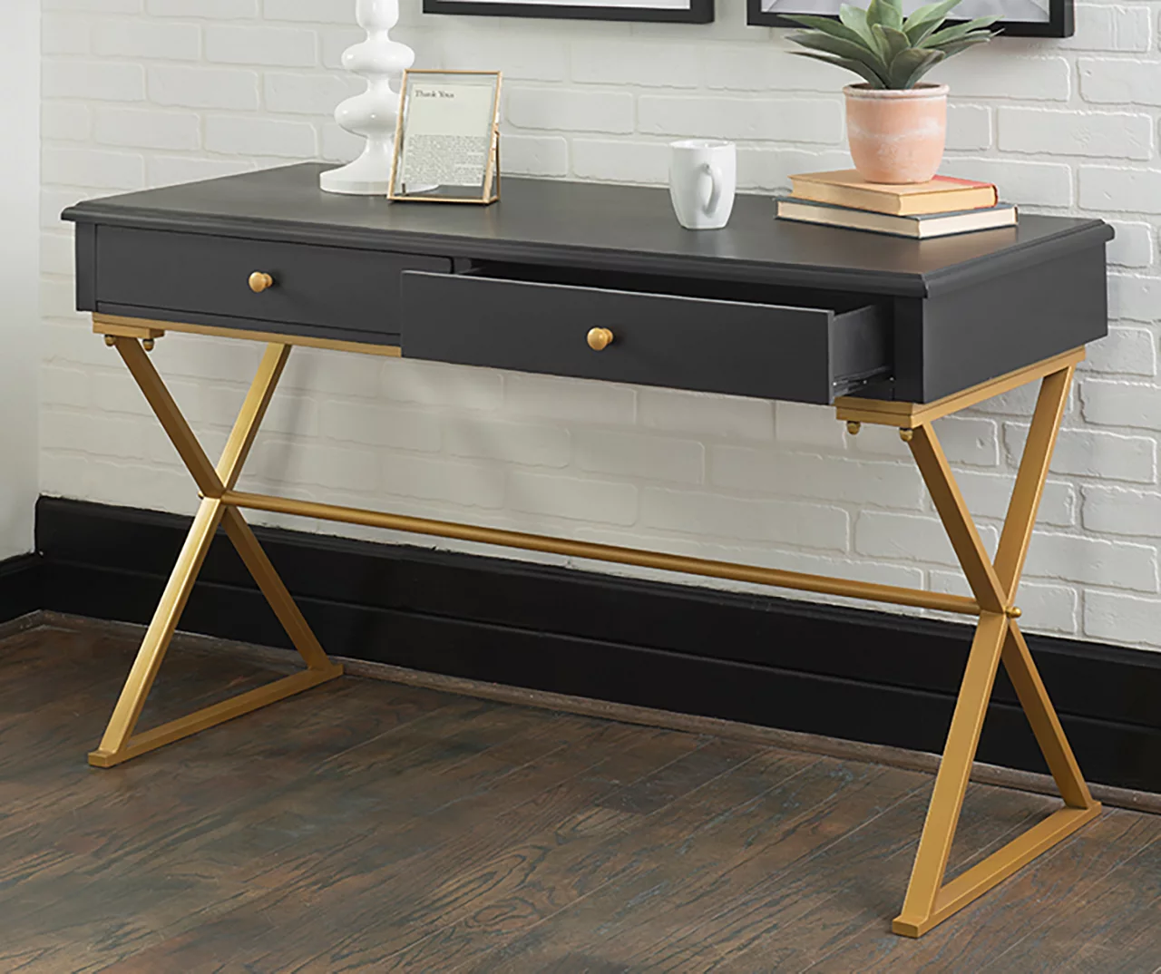 Glam Black & Gold 2-Drawer Campaign Desk 4 Glam Black & Gold 2-Drawer Campaign Desk - Image 2