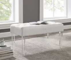 Marie Glitz White Tufted Linen Acrylic Leg Bench -Storage supplies store 810543267 2
