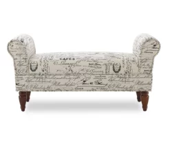 Elsie White & Dark Mahogany Upholstered Script Pattern Rolled Arm Bench -Storage supplies store 810543270 3