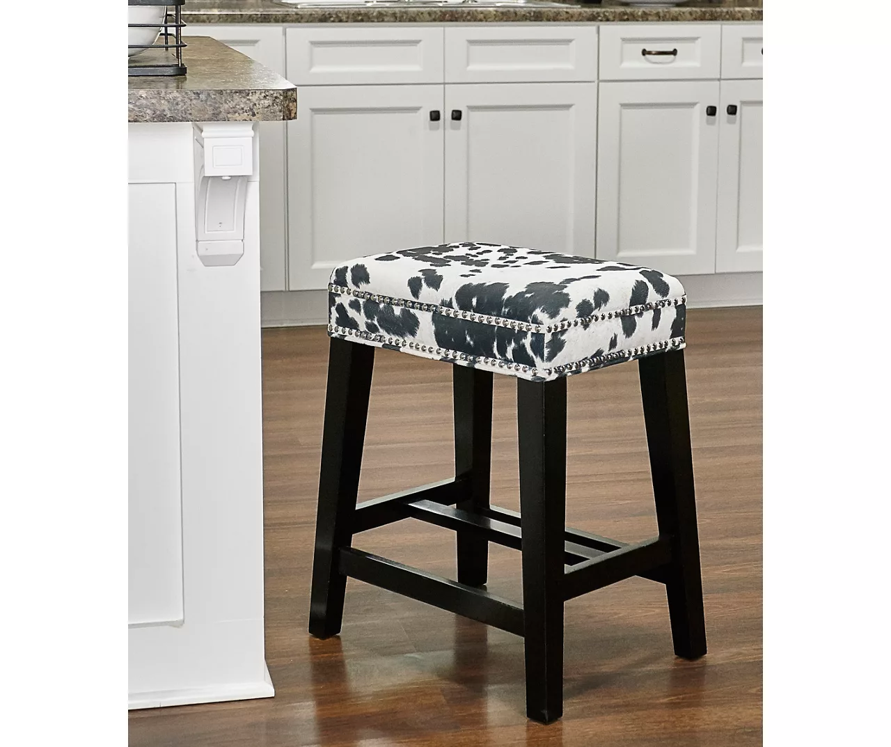Baldwin White & Black Cow Print Nailhead Counter Stool 4 Baldwin White & Black Cow Print Nailhead Counter Stool - Image 2