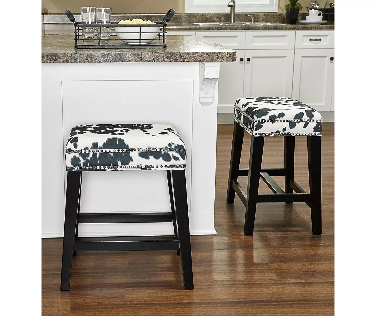 Baldwin White & Black Cow Print Nailhead Counter Stool 5 Baldwin White & Black Cow Print Nailhead Counter Stool - Image 3