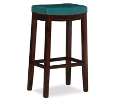 Brooke Blue & Dark Brown Faux Leather Backless Padded Bar Stool