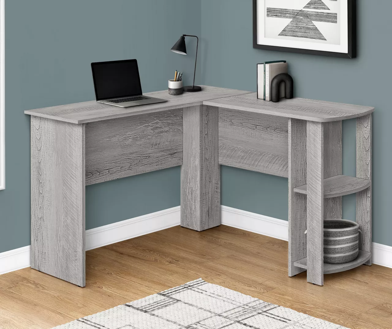 Industrial Gray L-Shaped Corner Desk With Open Storage 4 Industrial Gray L-Shaped Corner Desk With Open Storage - Image 2