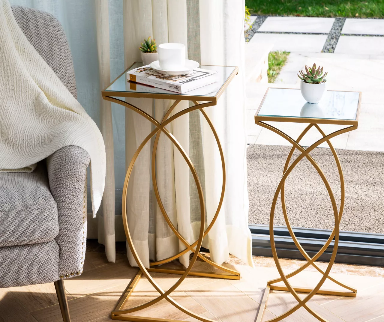 Gold Glass Top 2-Piece Nesting Accent Table Set 5 Gold Glass Top 2-Piece Nesting Accent Table Set - Image 3