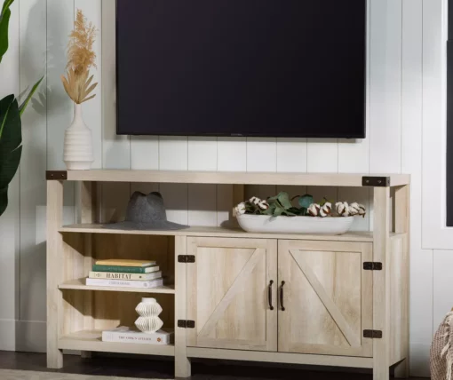 58" White Oak Barn Door Highboy TV Stand -Storage supplies store 810608759 A0