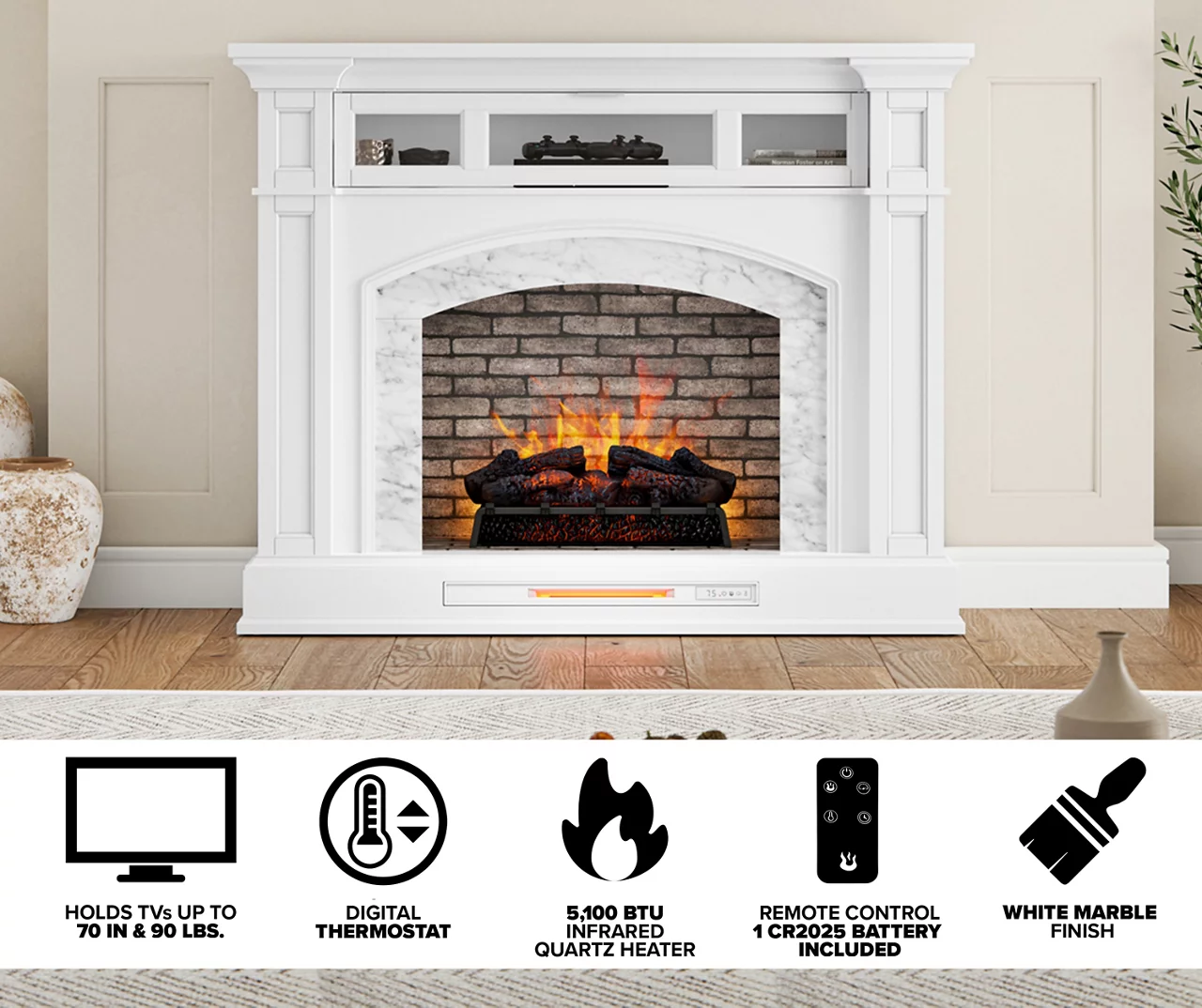 62" White Marble Grand Electric Fireplace Console 7 62" White Marble Grand Electric Fireplace Console - Image 5