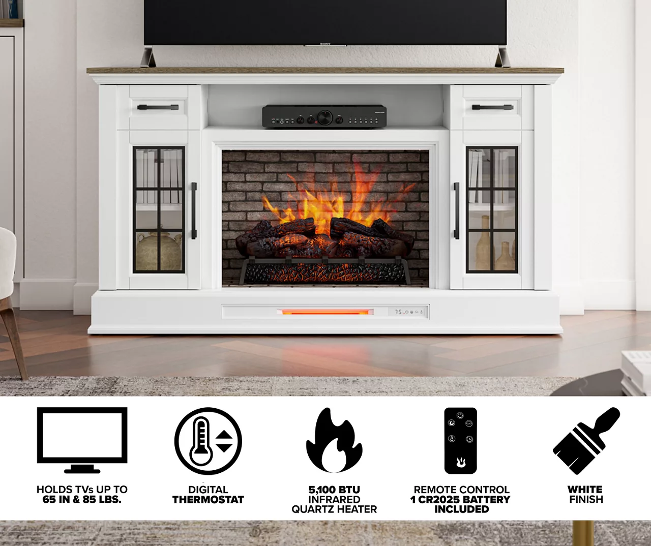 60" White 2-Door Electric Fireplace Console 7 60" White 2-Door Electric Fireplace Console - Image 5